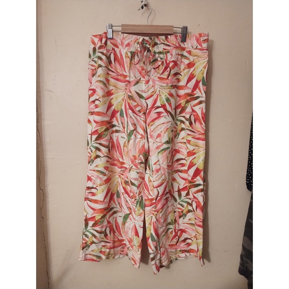 Messini Wmn Cropped Multi-Color Rayon Blend Pull on Pant Tropical Leaf Sz Large